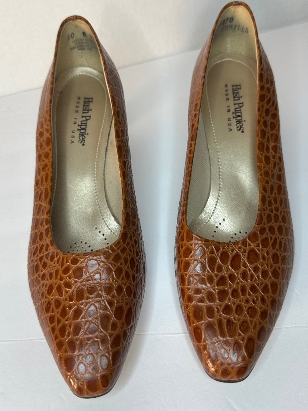 Vintage Hush Puppies Brown Croc Alligator Embossed Leather Pumps - Size 10 B